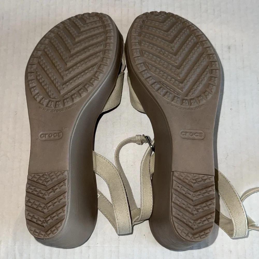 Crocs Leigh II Cream Canvas Strap Wedge Heels